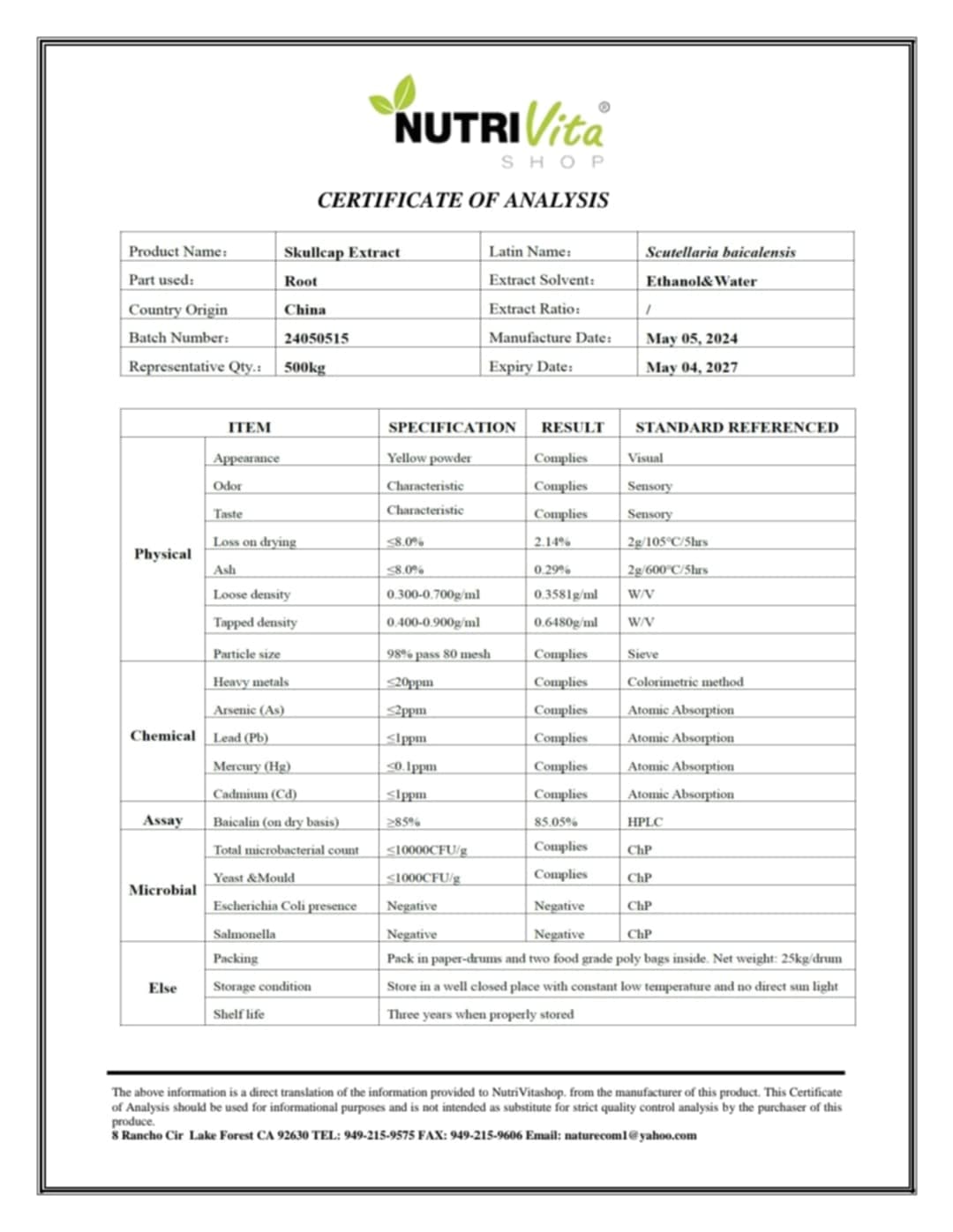 Baicalin 85% Poultry Suppliment